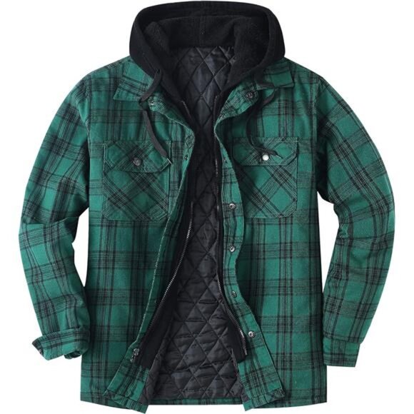 Men's Thicken Plaid Hooded Flannel Shirt Jacket Green - Picture 1 of 1